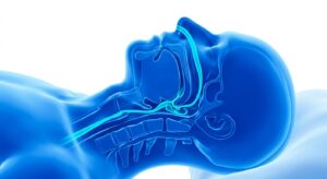 수면 중인 사람의 상기도 기전과 뇌파 측정을 시각화한 3D 메디컬 일러스트